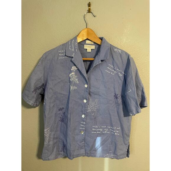 Portraits by Northern Isles Top Womens 12 Blue Linen Floral Dragonfly Print Y2K - Picture 1 of 8